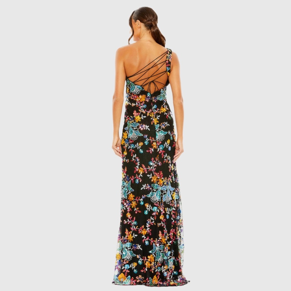 Women One Shoulder Mac Duggal Black Floral Maxi Dress Lace up Back Worn once 6 - Picture 3 of 3